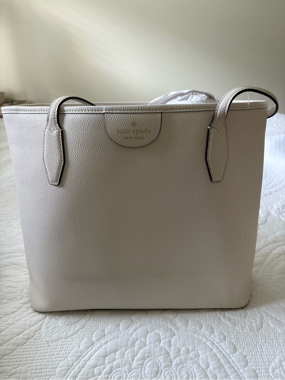 kate spade White Pebbled Leather Tote with Top Handles